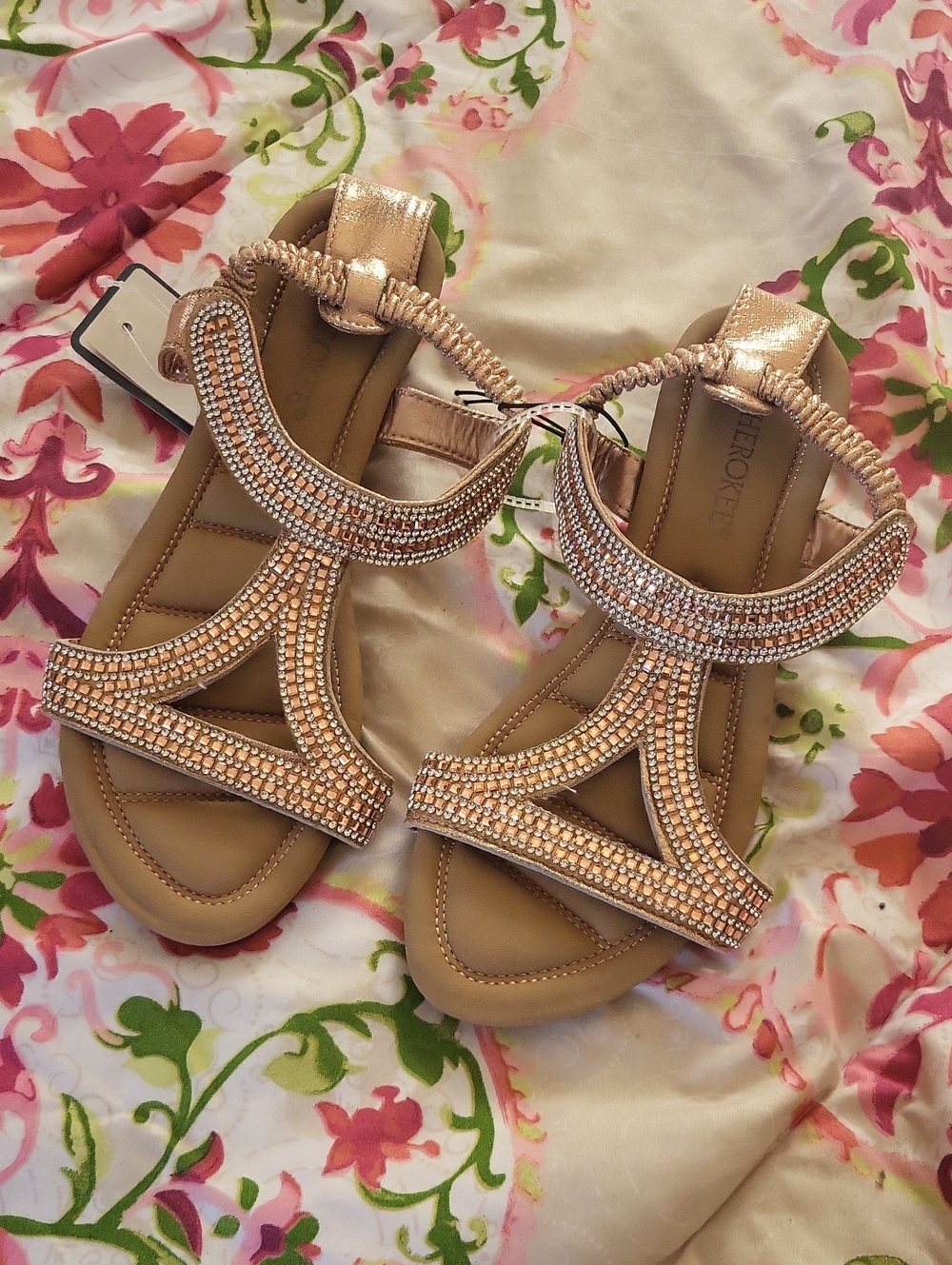 Cherokee Rose Gold Embellished T-Strap Sandals